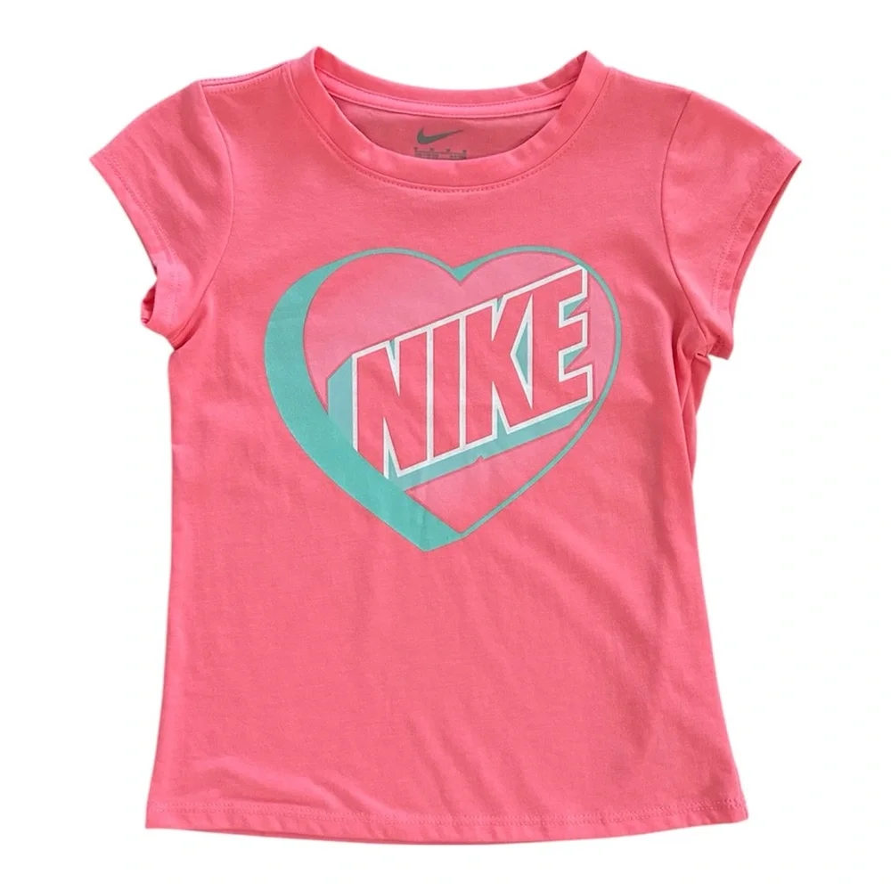 NWT Nike Girls Size 6 Coral Heart Logo Tee Aqua Shorts 2PC Outfit Set - Picture 2 of 5